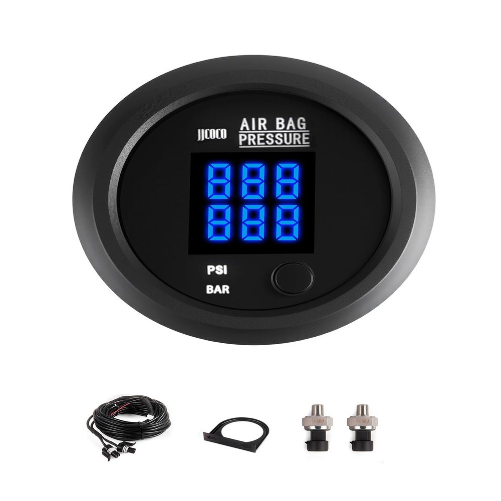 JJCOCO Air Pressure Gauge Dual Display Air Suspension Gauge 220PSI Digital LED Display 12V/24V DC Air Ride Pressure Gauges with 1/8NPT Sensor Kit 2-1/16" (52mm) for Air Ride Suspension Systems