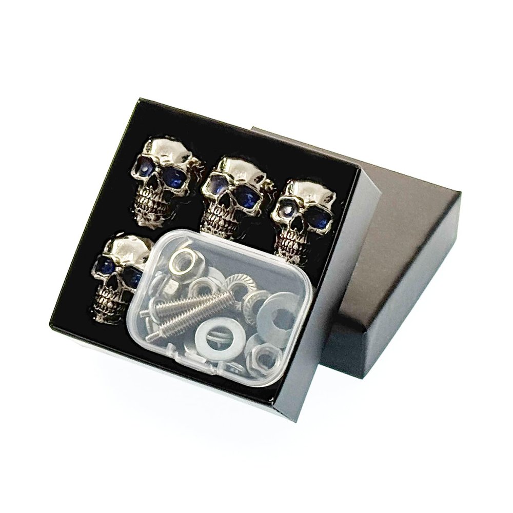Blue Eye Skull License Plate Screw Kit 4Pcs Silver Aluminum Alloy Decorative Fasteners Universal Fit for Cars Trucks & Motorcycles (Blue Eye Skull)