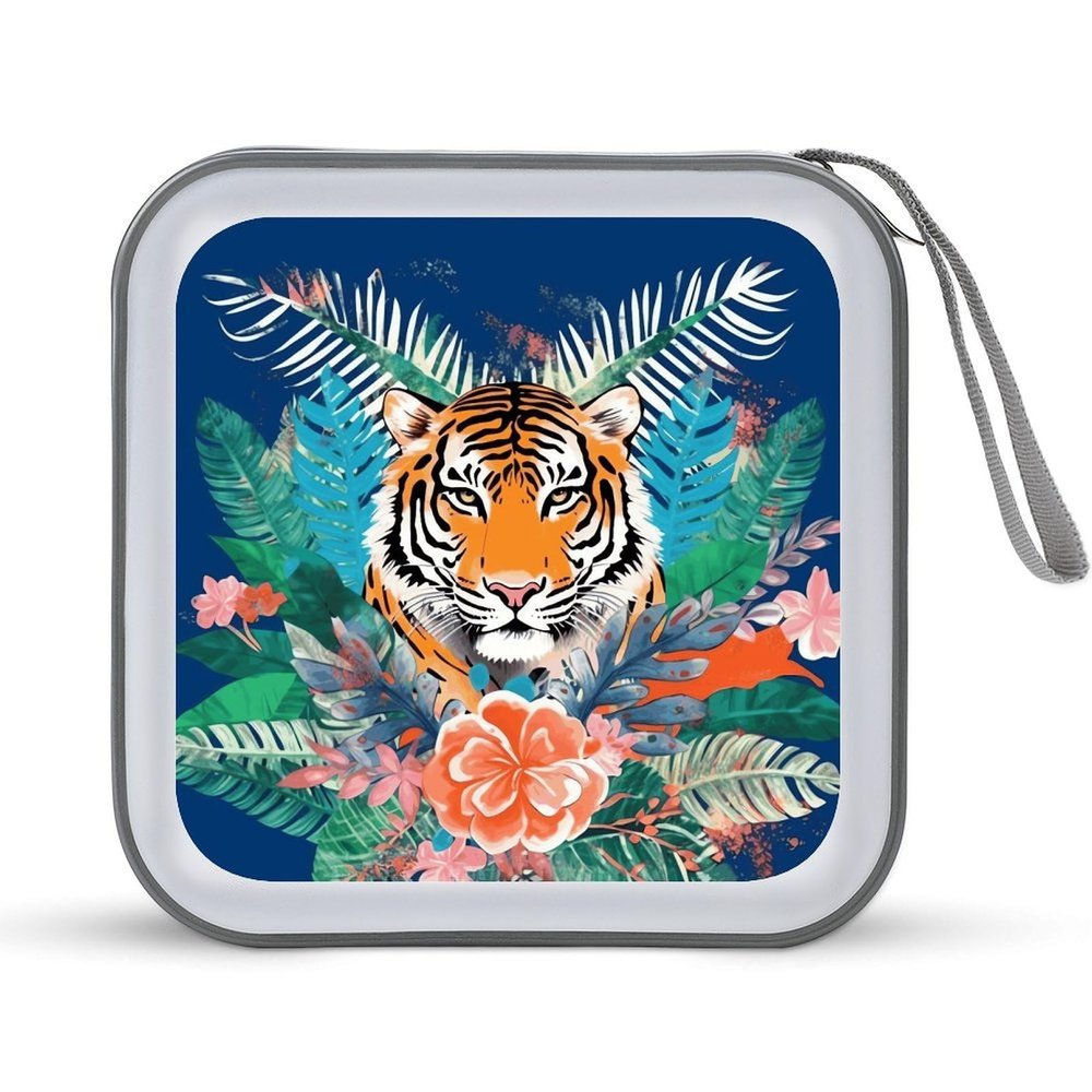 FodPand Tropical Tiger Print CD Case 40 Capacity CD Holder Organizer Portable Zipper DVD Collection Storage Bag Compact Cases Storage Binder Plastic Holder Disc Car Home Travel