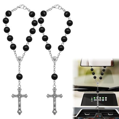 Surosha 2PCS Car Rosary for Rearview Mirror, Rearview Mirror Hanging Accessories, Religious Cross Medal Blessing Beads Hanging Ornament, Auto Personalized Protection Charm for Women Men (Black)