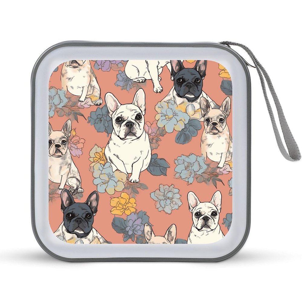 FodPand French Bulldog Print CD Case 40 Capacity DVD Case Hard Plastic Disc Booklet VCD Storage Box Portable Zipper DVD Holder Large Media Binder for Car Home Office Travel