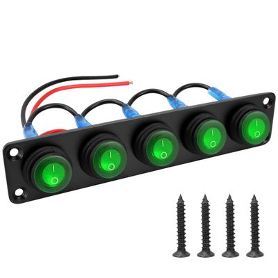 Zpana Car 5 Gang Rocker Switch Panel, 12V 20A Vehicle Pre-Wired On-Off Aluminum Switch Panel Toggle, IP65 Waterproof Automotive Rocker Switches, Universal for SUV Trailer Truck Sedan (Green)