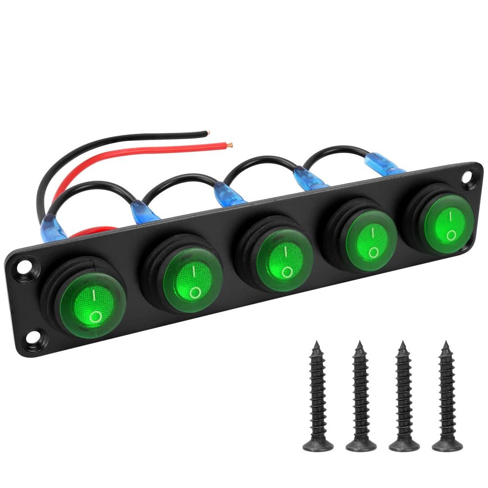 Zpana Car 5 Gang Rocker Switch Panel, 12V 20A Vehicle Pre-Wired On-Off Aluminum Switch Panel Toggle, IP65 Waterproof Automotive Rocker Switches, Universal for SUV Trailer Truck Sedan (Green)