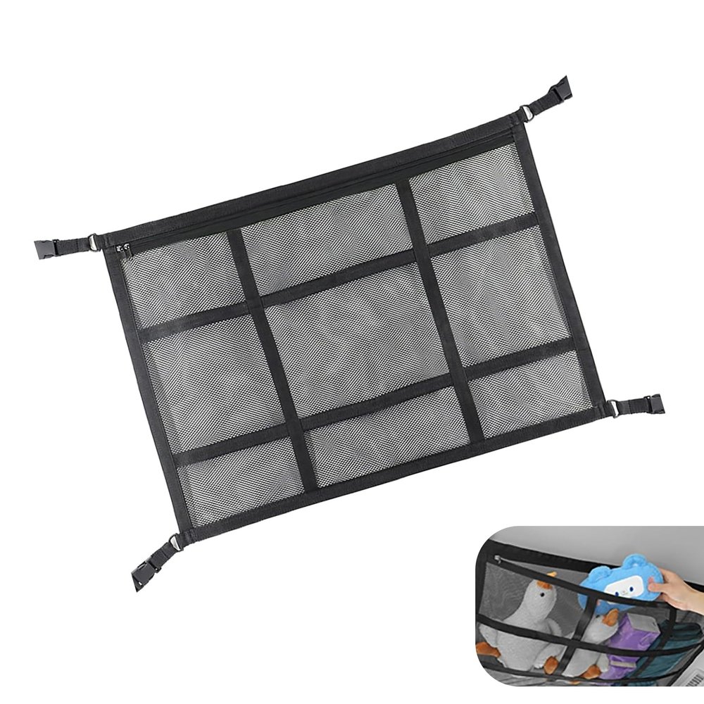 Foelony Car Ceiling Cargo Net, 31.5" x 21.7" Adjustable Buckle Heavy Duty Car Roof Storage, Double Layer Mesh Interior Organizer with Zipper, Universal for Cars, SUVs, Trucks