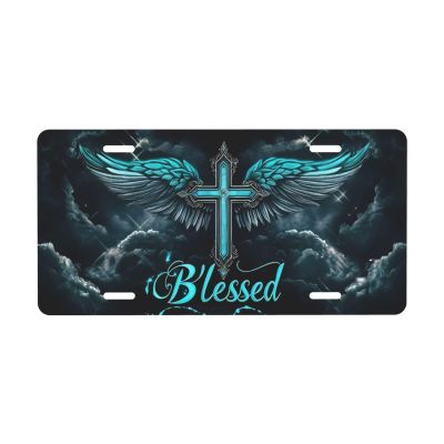 Ornate Cross with Wings and Blessed License Plate Decorative .Metal Car Plate .Vanity Tag .Aluminum Noverlty License Plate Waterproof Colorfast 126 Inch