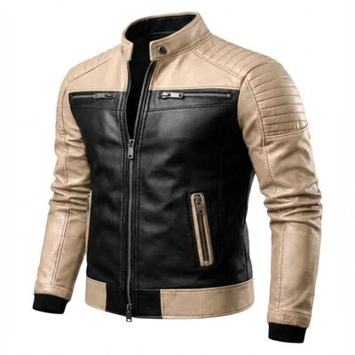 Trendsfort Men's Real Lambskin Leather Cafe Racer Jacket | BR7, Beige, L