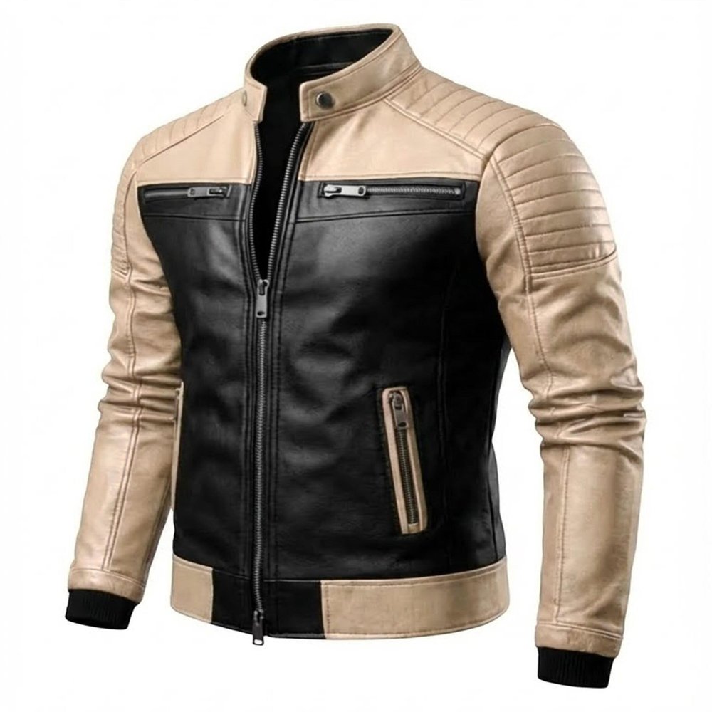 Trendsfort Men's Real Lambskin Leather Cafe Racer Jacket | BR7, Beige, L