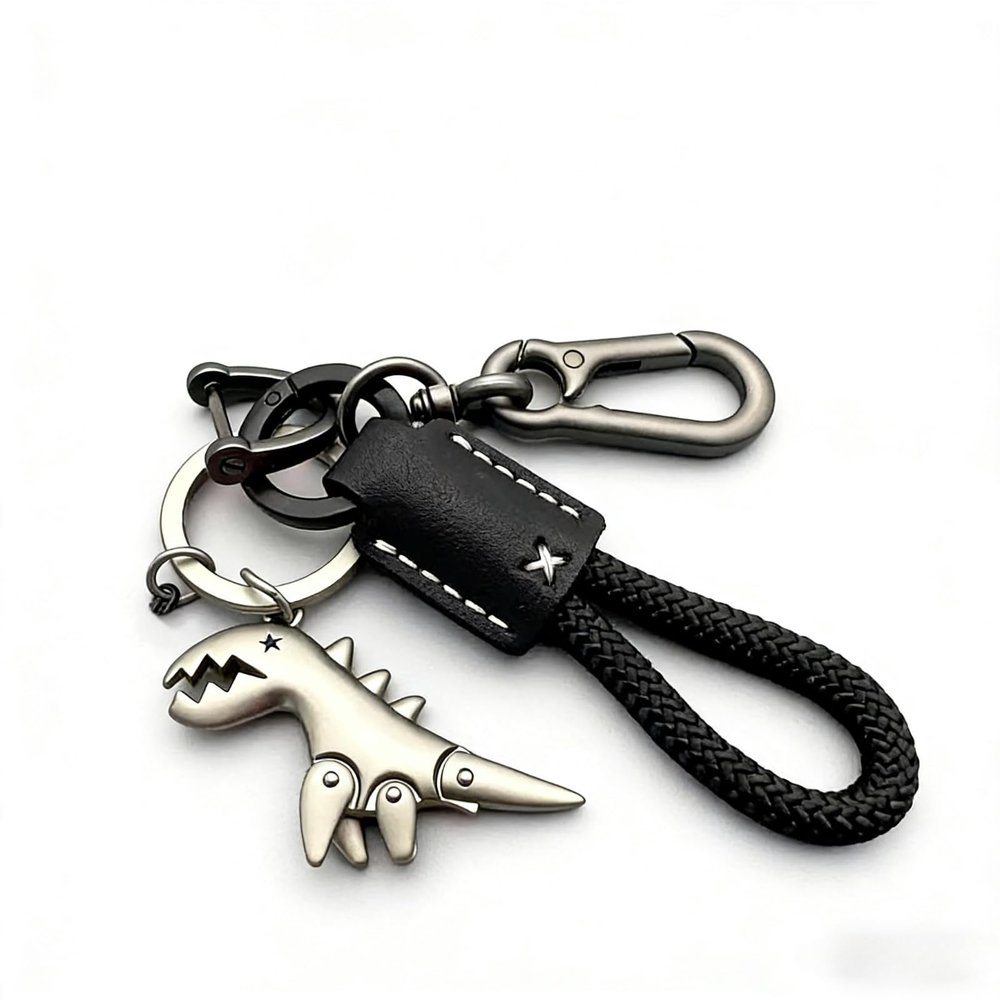 Zinc alloy dinosaur pendant keychain, handmade bracelet for men and women, backpack mini dinosaur keychain, car key (silvery)