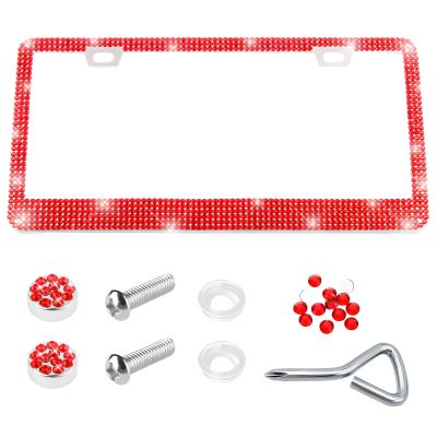 Rdxcv Bling License Plate Frame, Premium Stainless Steel Diamond License Plate Holder with Mounting Kit, Bedazzled Rhinestone Car Tag Cover for Women Men, Car Accessories (Red)