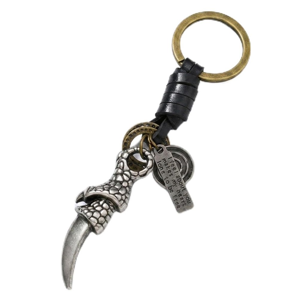 SURANBULI Bull Head Skull Leather Keychain, Antique Brass Bronze Key Ring, Cool Unique Backpack Pendant Gift for Men