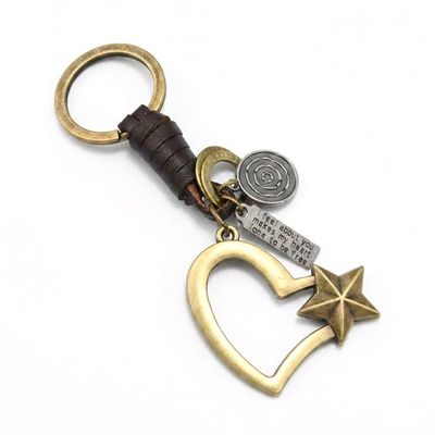 SURANBULI Antique Bronze Heart Totem Keychain, Vintage Gothic Punk Leather Charm, Car Bag Pendant Valentine Gift for Women