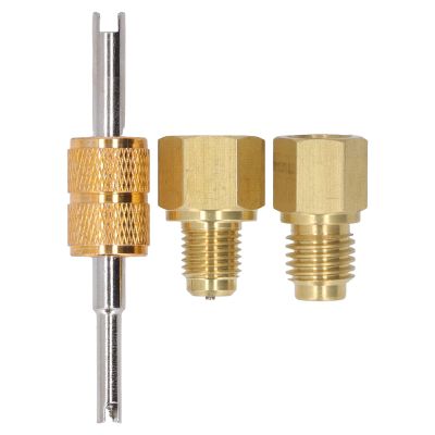 1/2 to 1/4 SAE and 1/4 SAE to 1/2 Coolant Tank Copper Adapter Set with Valve Core Wrench for HVAC Refrigeration Maintenance Material