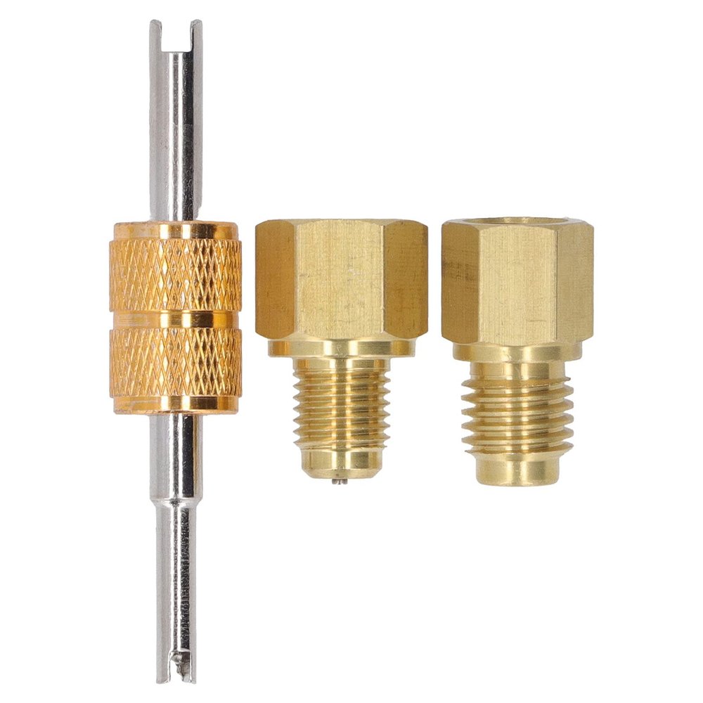 1/2 to 1/4 SAE and 1/4 SAE to 1/2 Coolant Tank Copper Adapter Set with Valve Core Wrench for HVAC Refrigeration Maintenance Material