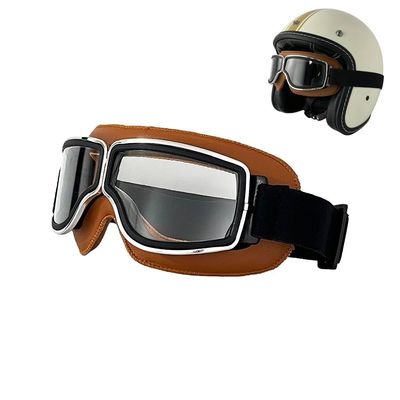 MOTUDA Motorcycle Goggles, Vintage Pilot Style, PU Leather Windproof Glasses Aviator Goggles for Men Women (Brown Frame-Clear Lens)