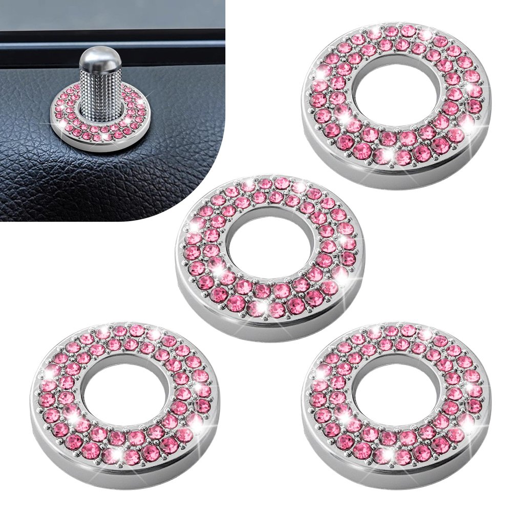 4PCS Bling Car Inner Door Lock Covers, Rhinestones Pull Rod Bolt Decoration Stickers, Bling Car Interior Accessories for Women Men, Compatible with Mercedes-Benz A/B/C/E Class GLC GLA GLK GLA (Pink)