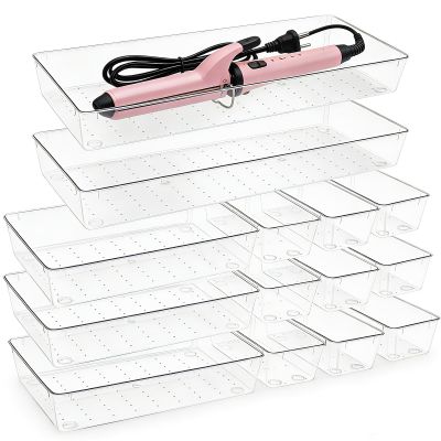 14 Pcs Clear Plastic Drawer Organizer Tray with 2 Pcs 15"x6" Extra Large Trays, Multi-Purpose Storage Bins for Vanity, Makeup, Kitchen Utensils, Bathroom, Office Desk, Auto Tools & Craft Supplies