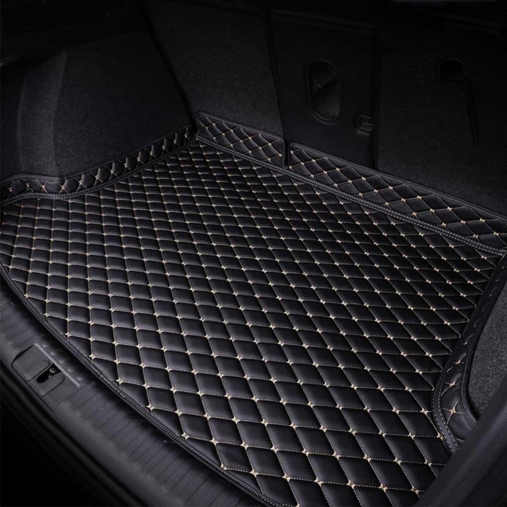 Car Leather Trunk Mat for Skoda Yeti 2014-2016 (no backrest Cup Holders), Boot Cargo Liners Protector Interior Accessories Waterproof Anti Scratch Anti Slip Pad,Black-Beige