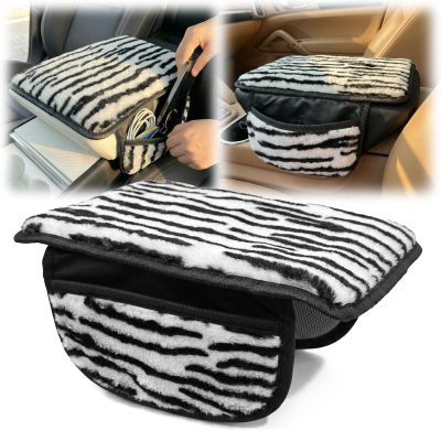 Plush ZebraPrint Car Center Console Cover with Side Pockets, Fluffy Armrest Cushion Pad,Soft Zebra Car Interior Decorations Accessories with Storage for Women,Universal Fit for Vehicles SUV Truck