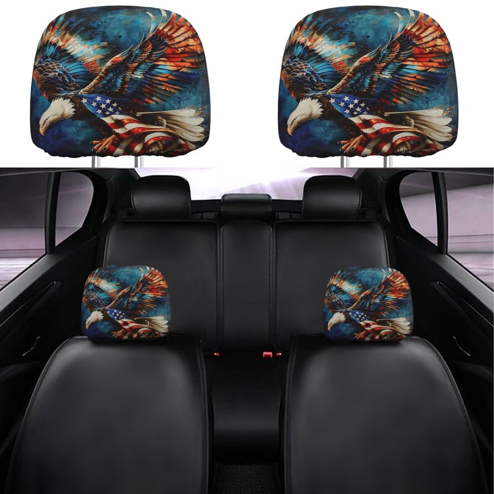 Foruidea Eagle with American Flag Car Seat Headrest Cover Set of 2 Pack Car Truck SUV Van Head Rest Protector Covers Universal Fit Cushion for Womens Mens