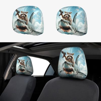 TZBVTAU 2 Pack Funny Shark Raccoon Car Headrest Cover Elastic,Funny Animal Interior Front & Rear Car Seat Head Rest Cover Protector Decor Universal for SUV Auto