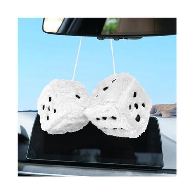 ANFTDCO Fuzzy Dice for Car Mirror, 2.75'' Classic Retro Plush Square Dice with Dot Rear View Mirror Hanging Ornament, Vintage Dices Automotive Rearview Pendant, Universal for Van Truck SUV (White)