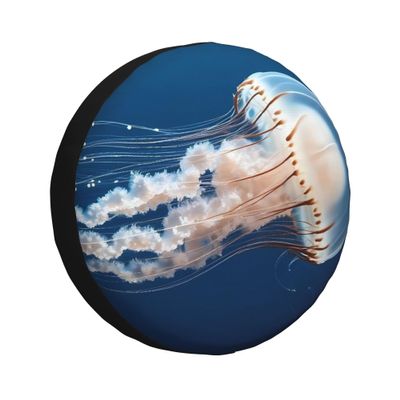 Qewfoju Spare Tire Cover Fit RV SUV Truck Travel Trailer 15 inch Polyester Waterproof and Dustproof Tire Wheel Cover, White Jellyfish Dansing in The Ocean