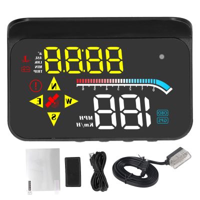 Universal HUD Display Dual System OBD2 GPS Digital Car Speedometer Projector High Definition Screen with Speed RPM Water Temp Voltage Alarms Plug and Play for Cars with OBD2 USB