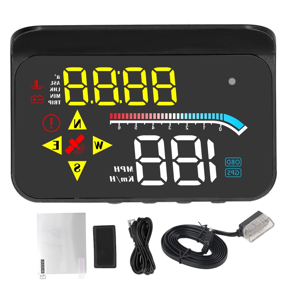 Universal HUD Display Dual System OBD2 GPS Digital Car Speedometer Projector High Definition Screen with Speed RPM Water Temp Voltage Alarms Plug and Play for Cars with OBD2 USB