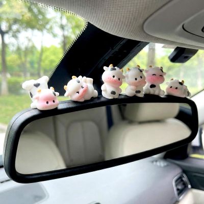 JUYQZ Cow Print Car Dashboard Decorations Mini Resin Animal Cute Car Decor, Cow Pattern Car Interior Accessories, Console & Rear View Mirror Ornaments, Gift for Women & Girls (6, White)