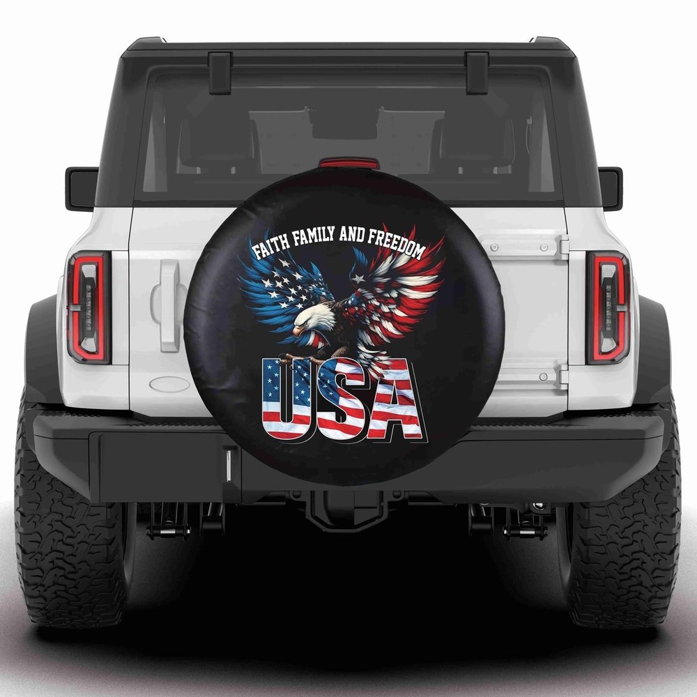 KafePross Eagle USA Flag Faith Family Freedom Spare Tire Cover Independence of USA 1776-2026 American Flag Wheel Protectors Waterproof Tire Cover Fit for RV SUV Truck Travel Trailers 16"