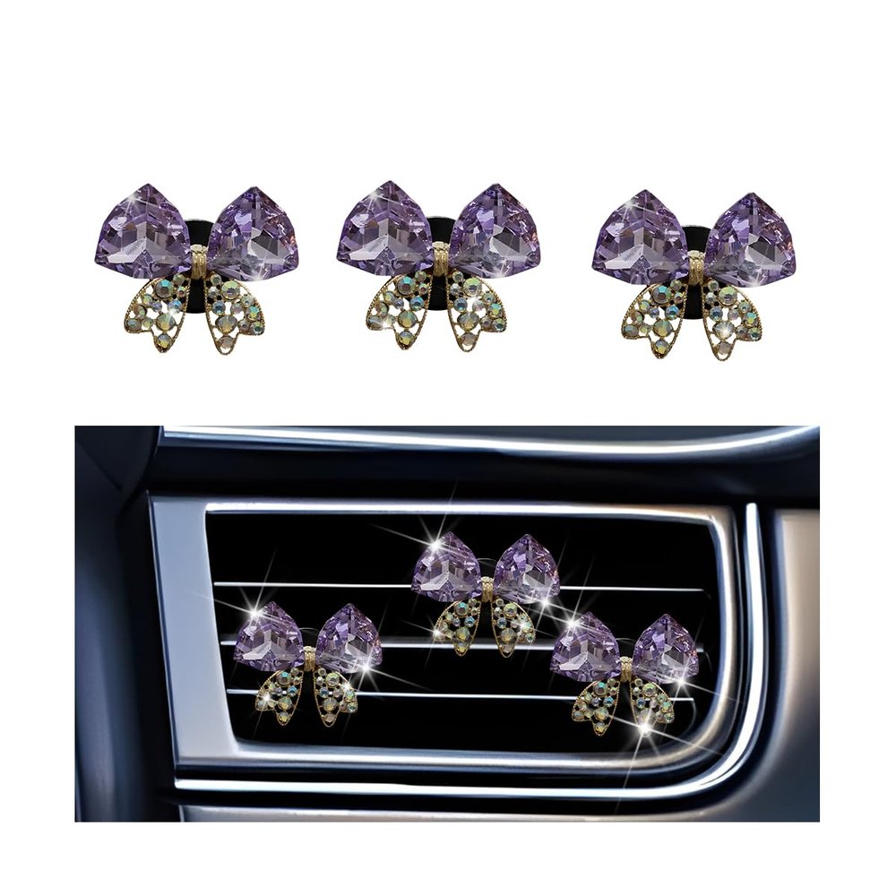 ANFTDCO 3PCS Bling Butterfly Car Air Vent Clip, Sparkly Crystal Rhinestone Air Outlet Clamp Decoration, Dazzling Automotive Interior Dashboard Vent Decor Clip, Universal for Most Vehicles (Purple)