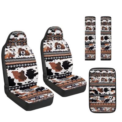 Tomeusey Aztec Cow Print Car Interior Set of 5 - Comfort Seat Belt Pads, Cushioned Armrest & Smooth PU Seat Covers - Water & Scratch Resistant