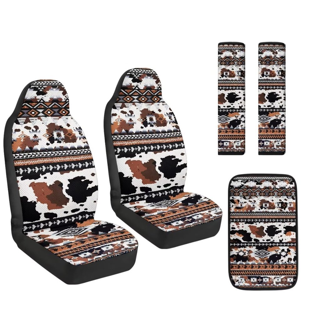 Tomeusey Aztec Cow Print Car Interior Set of 5 - Comfort Seat Belt Pads, Cushioned Armrest & Smooth PU Seat Covers - Water & Scratch Resistant