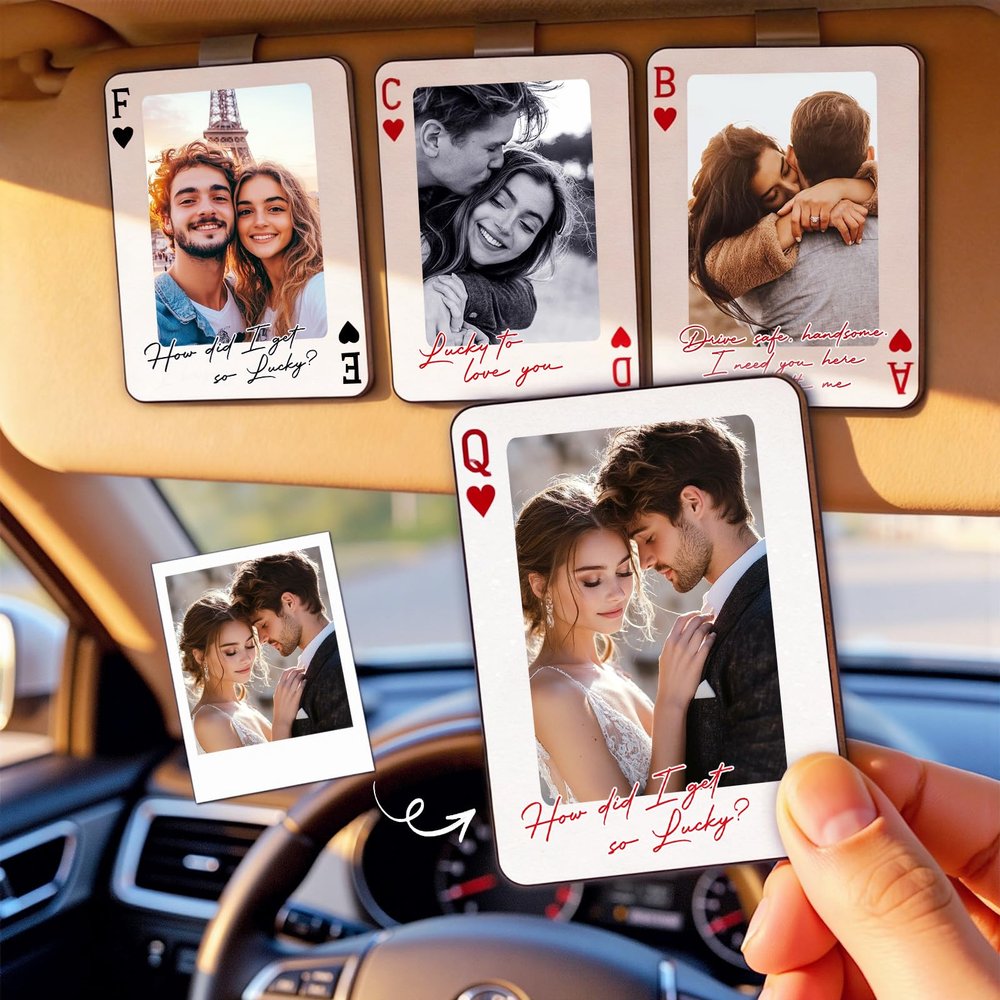 Personalized King & Queen Photo Car Visor Clip Custom Picture & Initial Wooden Playing Card Style Couple Gift, Drive Safe I Love You Car Accessory for Husband Wife, Anniversary Valentines Day Gift