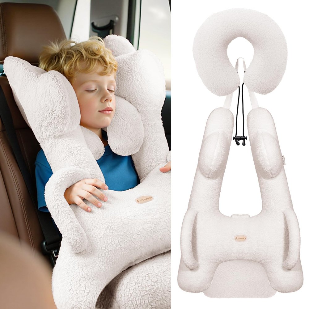FLORICH Kids Travel Pillow, Car Sleeping Travel Pillow for Kids, Removable H-Shaped Pillow for Adults and Children to Support Head and Body Road Trips with Neck Pillow and Blanket (Beige White)