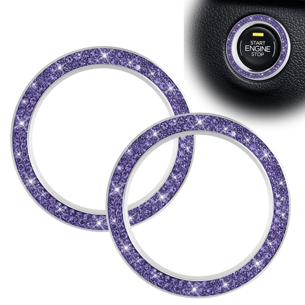 YUPIKJI 2PCS Car Bling Crystal Rhinestone Engine Start Decoration Ring, Push Start Button Cover, Crystal Rhinestone Auto Key lgnition Knob Ring, Auto Sparkling Sticker for Women Girls (Purple, 2PCS)