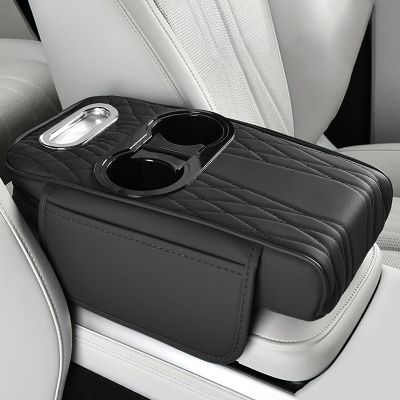 wuyaoyao Car Center Console Armrest Pillow, 13.78"7.48"2.56" Leather Arm Rest Cover for Cars, Memory Foam Auto Armrest Cushion Pad with Pocket, Cup Holder & Tissue Box, Car Accessories (Black)