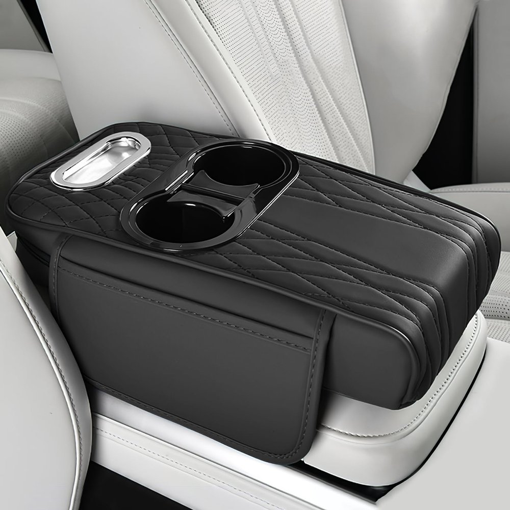 wuyaoyao Car Center Console Armrest Pillow, 13.78"7.48"2.56" Leather Arm Rest Cover for Cars, Memory Foam Auto Armrest Cushion Pad with Pocket, Cup Holder & Tissue Box, Car Accessories (Black)