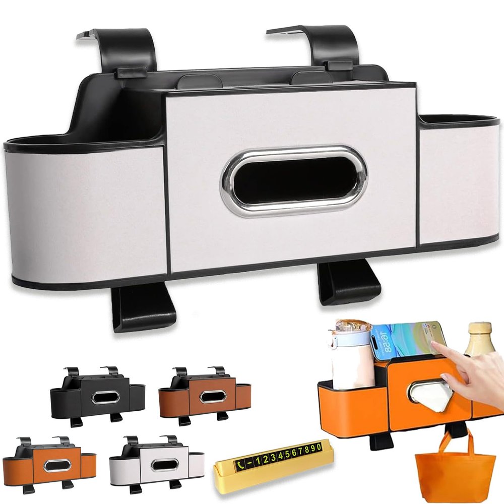 3-in-1 Backseat Car Organizer - Keep Your Ride Clean Organized, Multifunctional Car Organizer and Storage Box with 2 Cup Holder & Hook, Car Back Seat Organizer for Phone/Snack/Drink/Handbag (White)