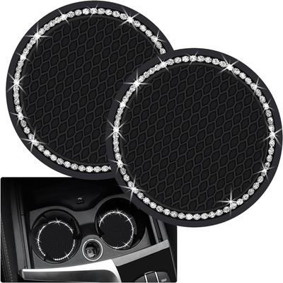 2PCS Bling Car Cup Coaster, 2.75 Inch Auto Cup Holder Insert Coasters Silicone Anti-Slip Crystal Rhinestone Drink Mat, Universal Vehicle Interior Accessories for Women Girls (Black)