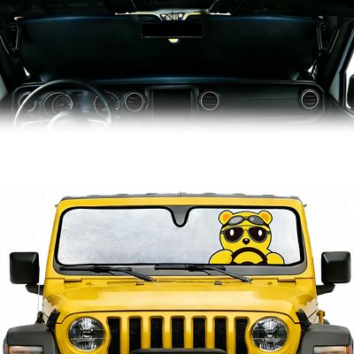CHOEGIG Windshield Sun Shade for Jeep Wrangler TJ LJ JK JL JLU & Gladiator JT, Reflective Front Window Sun Visor Blocks UV Foldable Sunshade, Gladiator Wrangler Rubicon Sahara Accessories(Funny Bear)