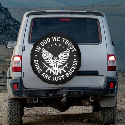 GABSHAIM 250th Anniversary Tire Cover in God We Trust Guns are Just Backup with Eagle Wheel Protectors Eagle Spare Tire Covers Universal Fit for Jeep, Trailer, RV 14 Inch