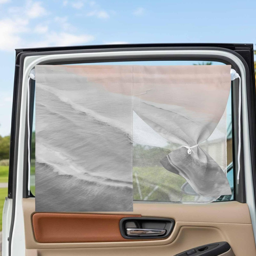 Car Window Shades, Boho Beach Waves Gray Gradient Double Layer Car Blackout Shades for Side Windows Privacy 1 PCS Summer Seaside Spray Magnetic Cars Window Covers with Suction Cup for Camping