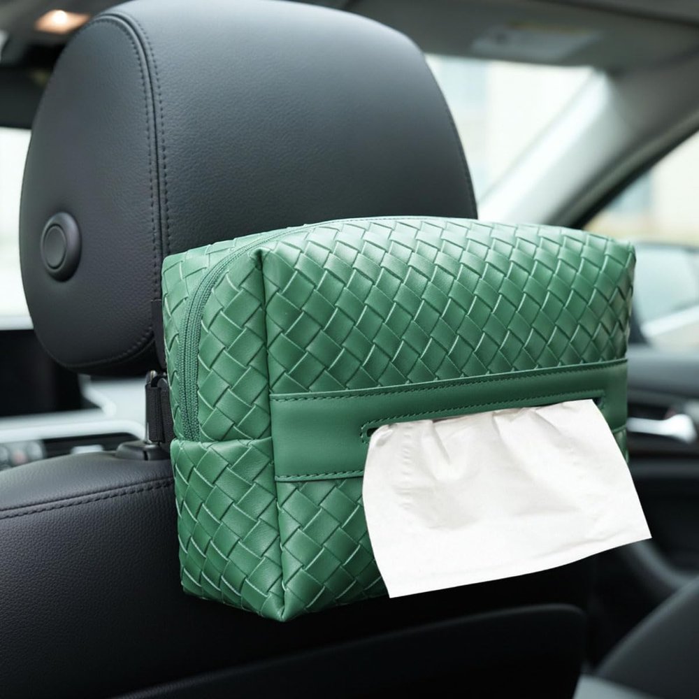 Craedli Car Tissue Holder, Woven Leather Tissues Box Cover for Car Backseat, Rectangular Napkin Holder Vehicle Tissue Organizer, Universal Napkin Case Storage in Auto for 120 Tissues Per Box (Green)