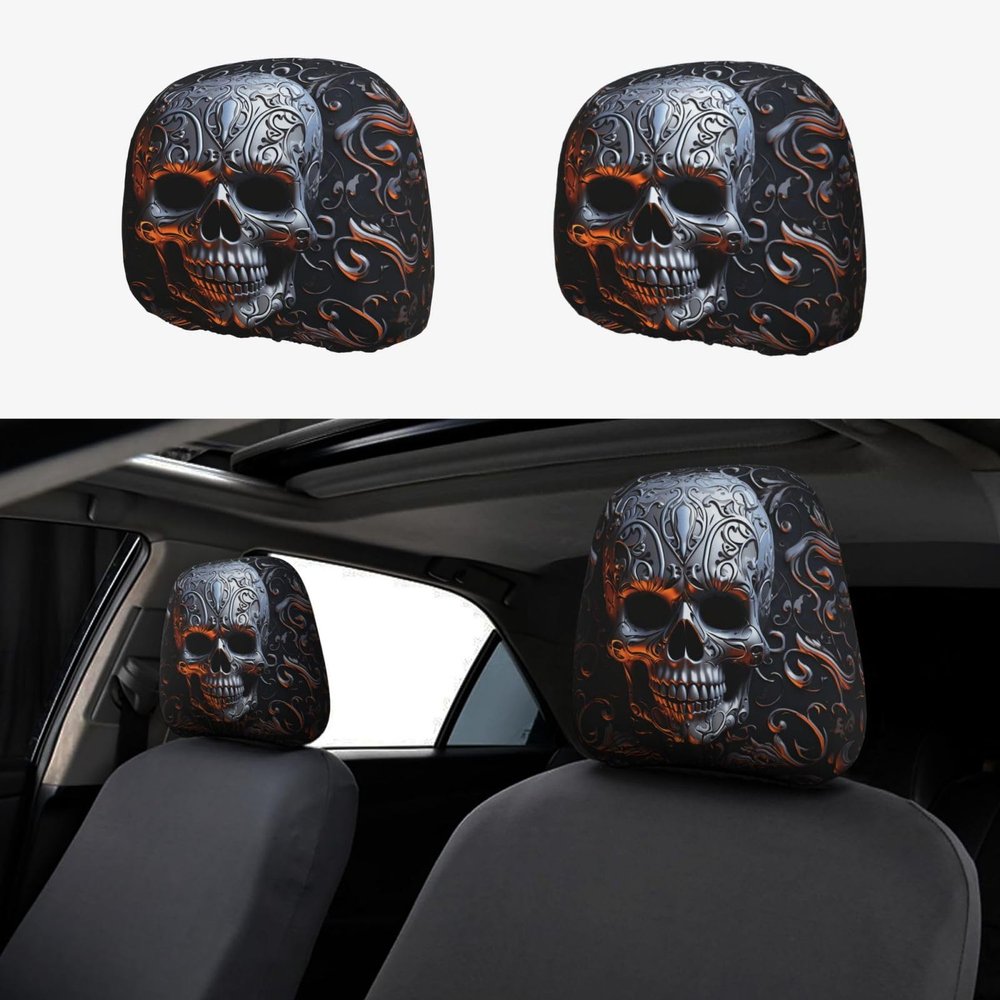 VTCTOASY Cool Skull Graphics Car Headrest Cover 2 PCS Universal Soft Breathable Car Seat Headrest Cover Stretch Auto Seat Head Rest Protector Interior Accessories Dust Cover for Seat Decoration