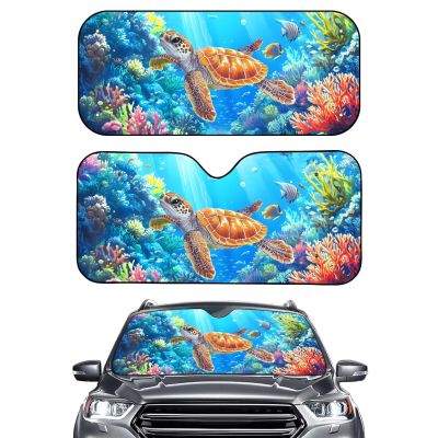Tiasarato Funny Turtle Windshield Sun Shade Foldable Car Shades for Front Back Set 2 Pack Windshield Cover for Most Sedans Hatchbacks Sunshade Blue