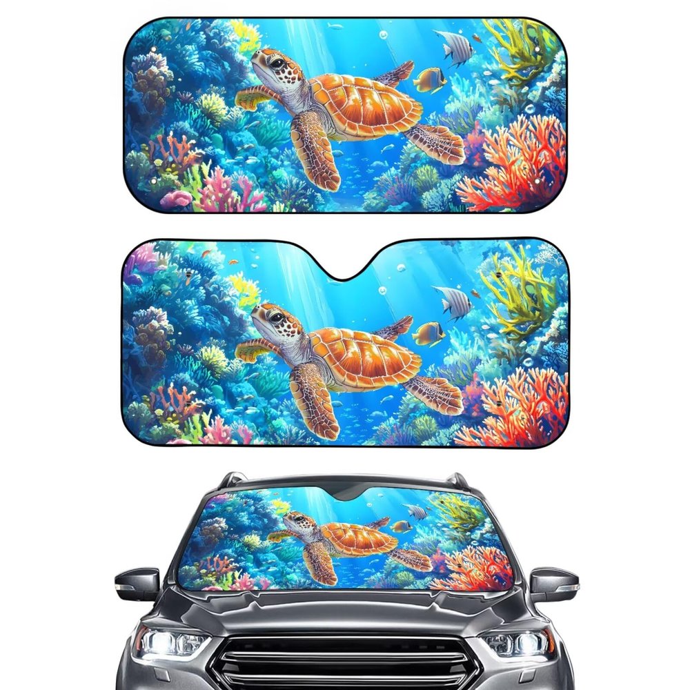 Tiasarato Funny Turtle Windshield Sun Shade Foldable Car Shades for Front Back Set 2 Pack Windshield Cover for Most Sedans Hatchbacks Sunshade Blue