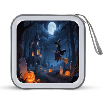 VstaDank Orange Pumpkin Witch Scary Castle CD Case Portable Zipper CD Case 40 Capacity Hard Plastic DVD Cases Holder Large Storage Disc Wallet Bag for Car Home Travel DVD Collection Bag