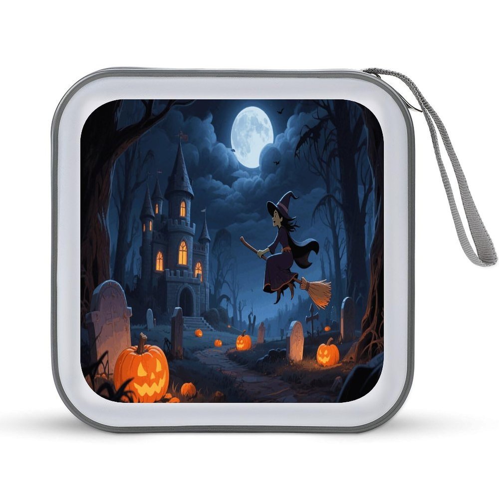 VstaDank Orange Pumpkin Witch Scary Castle CD Case Portable Zipper CD Case 40 Capacity Hard Plastic DVD Cases Holder Large Storage Disc Wallet Bag for Car Home Travel DVD Collection Bag