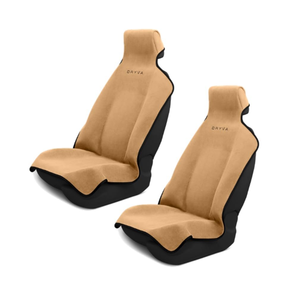 DryvaSeat - Premium Microfiber Towel Car Seat Cover - Waterproof & Sweatproof - Universal Fit, Machine Washable, Non-Slip - Seat Protector for Car, Truck, SUV, Van (Tan, 2 Pack)